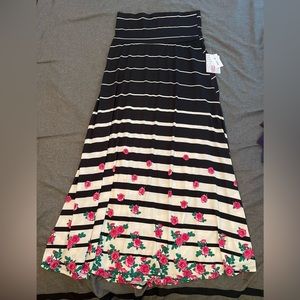 LuLaRoe Black and White Striped Maxi Skirt with Pink Floral Border